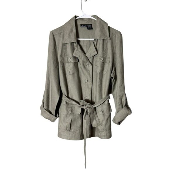 Willi Smith Womens Linen Jacket Large Military Green Gorpcore Utility Lagenlook - Picture 1 of 7